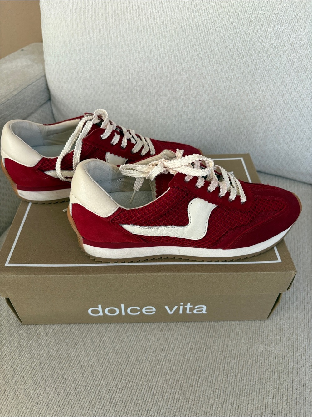 Dolce Vita Crimson and White Mesh Suede Low-Top Sneakers